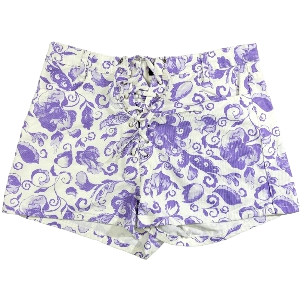 Missguided White‎ With Purple Floral Pattern Denim Lace Up Shorts Size 6